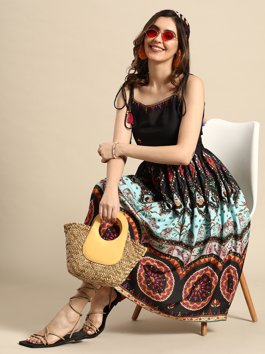 

Sangria Printed A-Line Ethnic Midi Dress, Black