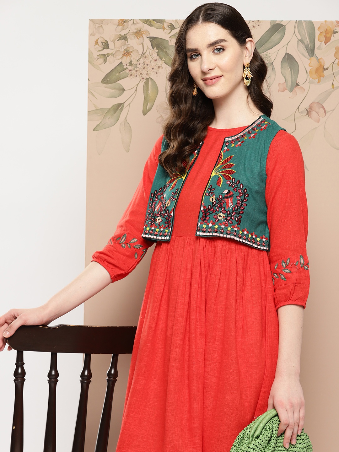 

Sangria Solid Cotton Ethnic A-Line Dress with Jacket, Orange