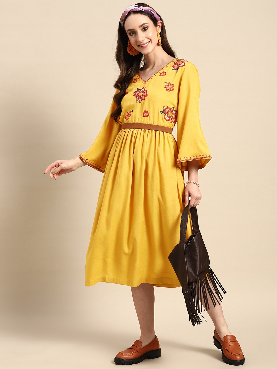 

Sangria Floral Embroidered A-line Midi Ethnic Dress, Mustard