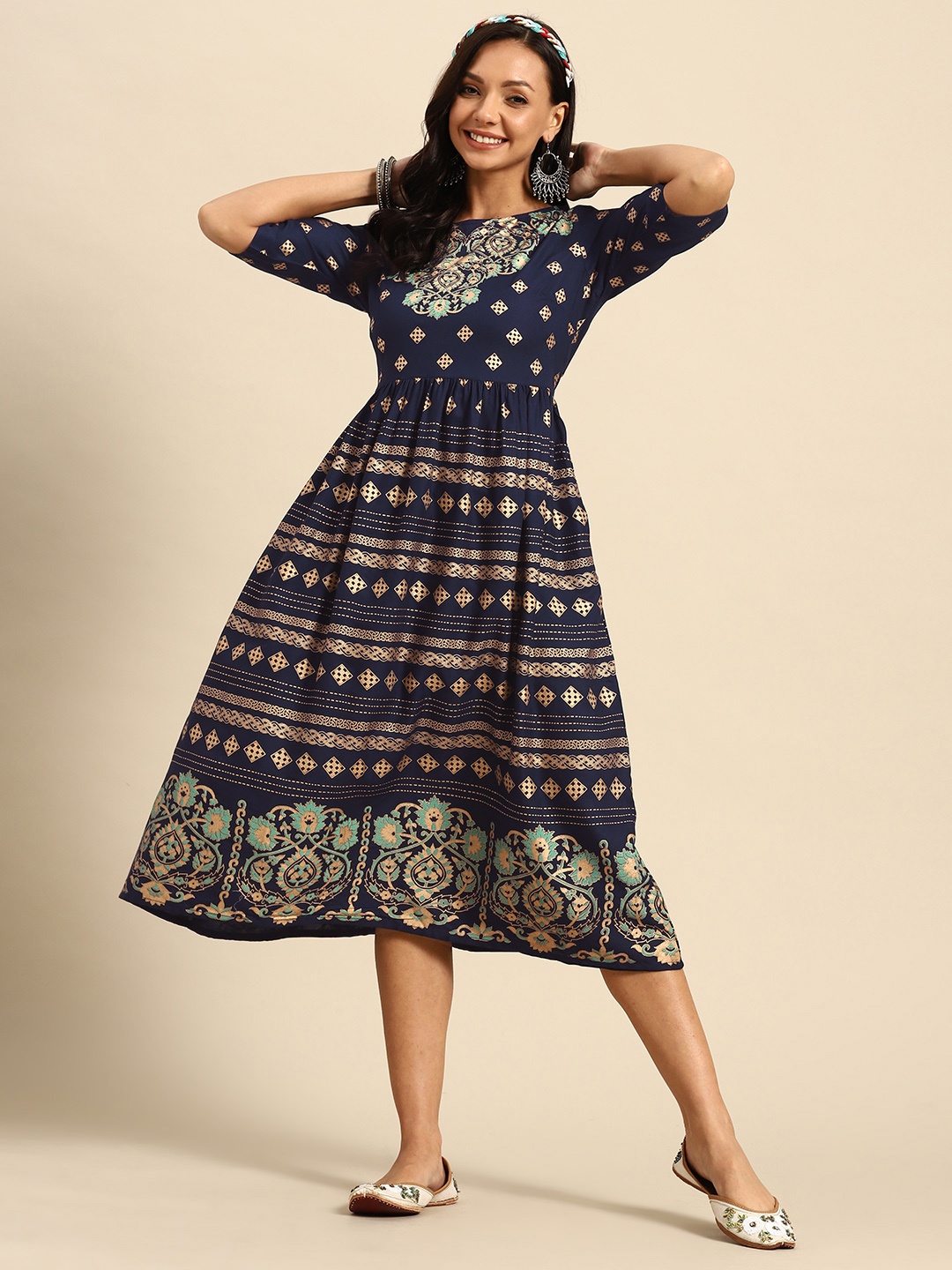 

Sangria Ethnic Motifs Print A-Line Midi Dress, Navy blue