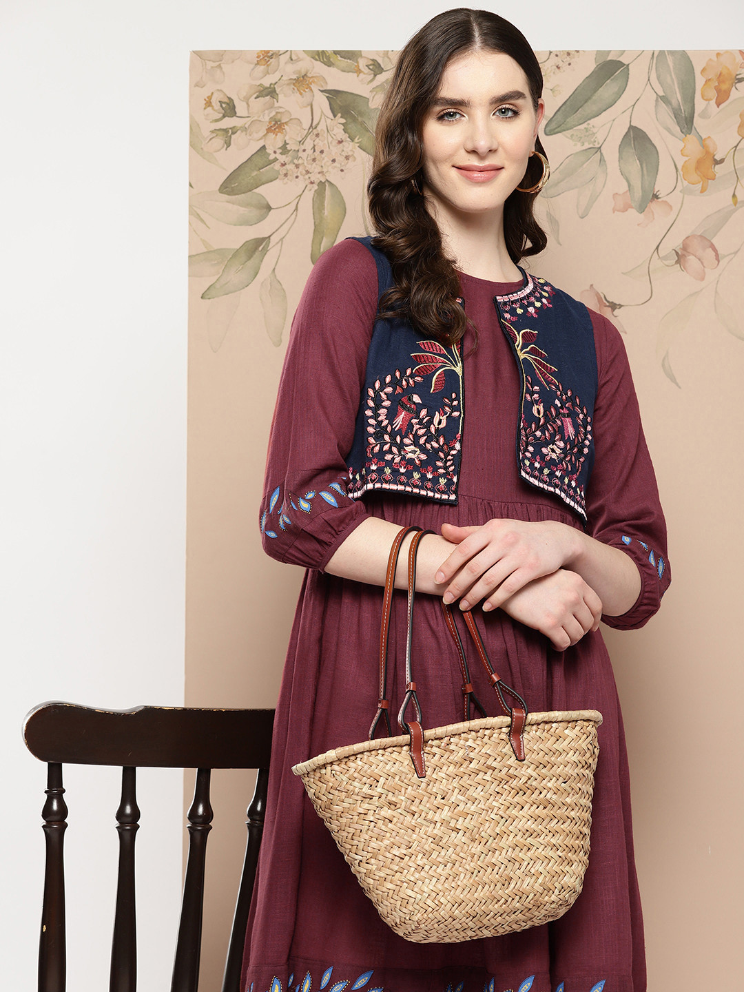 

Sangria Solid Cotton Ethnic A-Line Dress with Jacket, Maroon