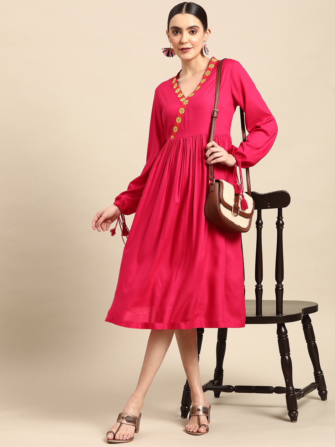 

Sangria Flared Hem Ethnic Wrap Dress, Magenta