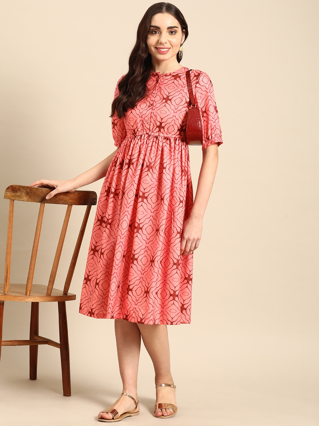 

Sangria Abstract Printed A-line Dress, Coral