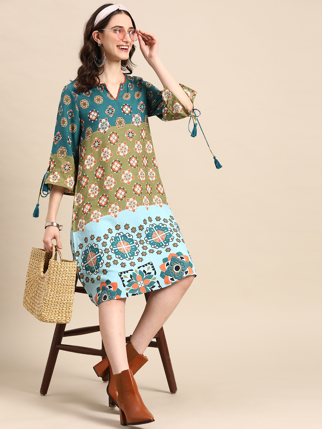 

Sangria Women Printed A-Line Ethnic Dress, Olive