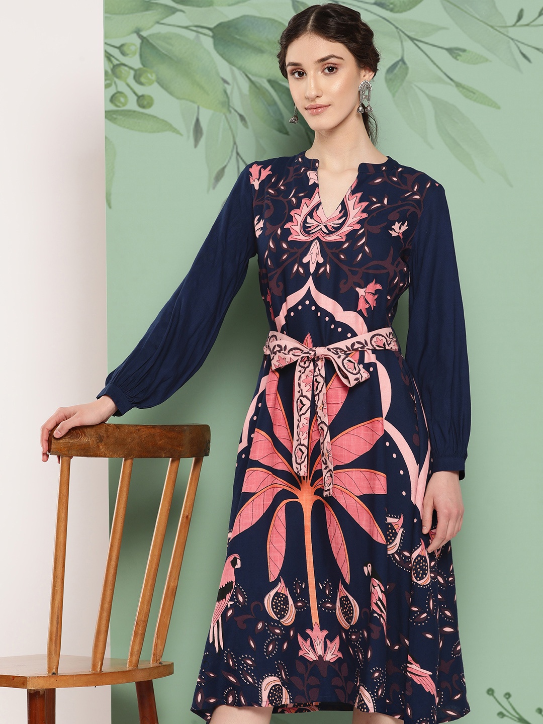 

Sangria Floral Print Fit & Flare Ethnic Dress with Belt, Navy blue