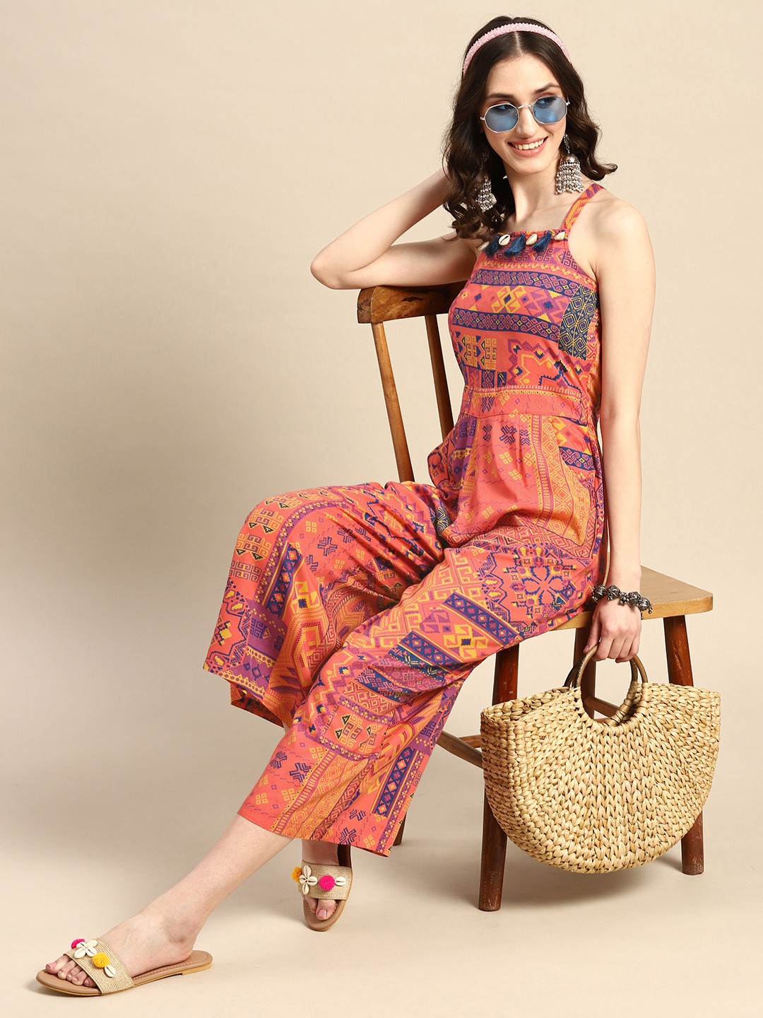 

Sangria Geometric Printed Shoulder Straps Ethnic Jumpsuit, Peach