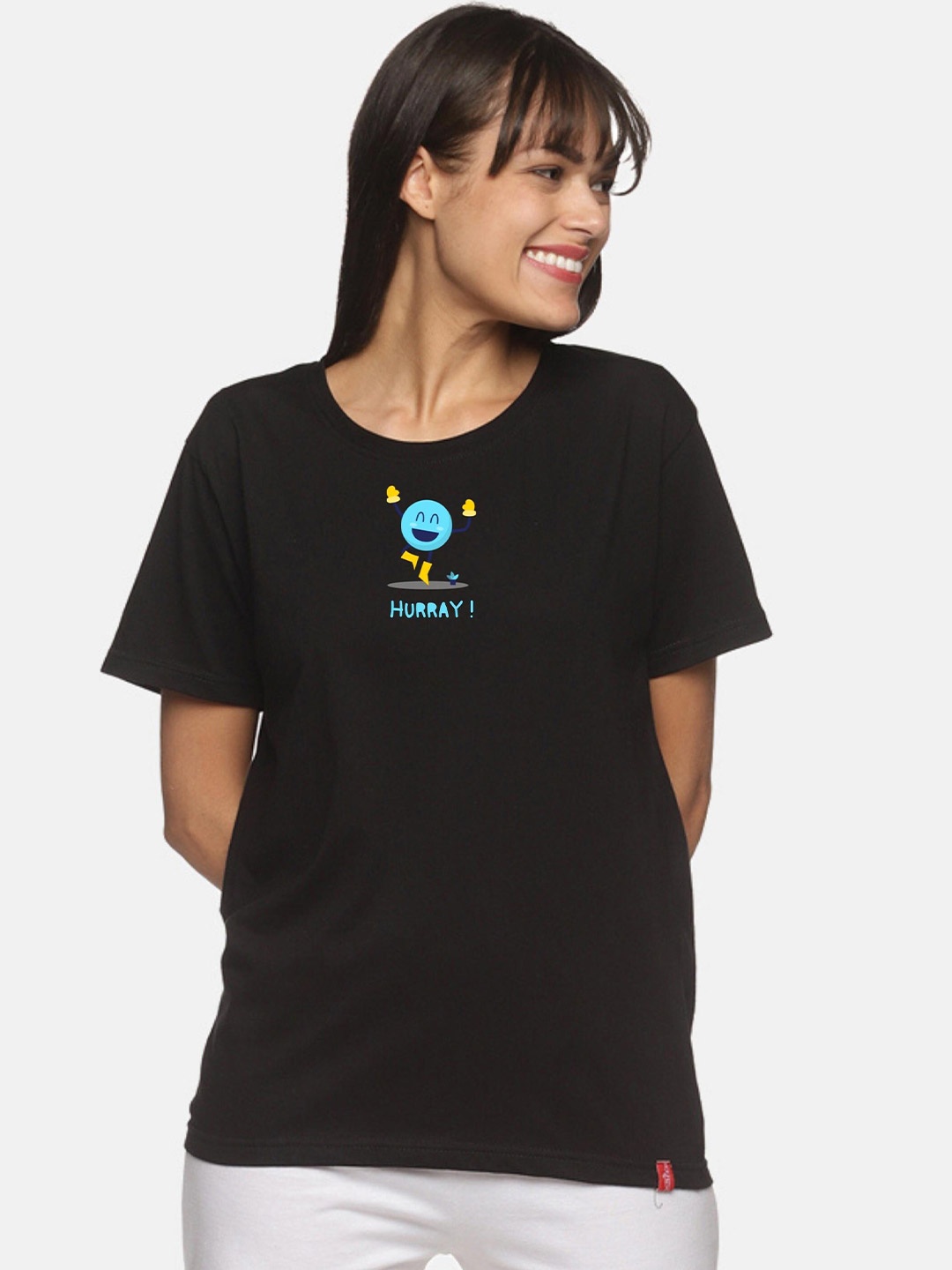 

NOT YET by us Women Black Printed Drop-Shoulder Sleeves T-shirt