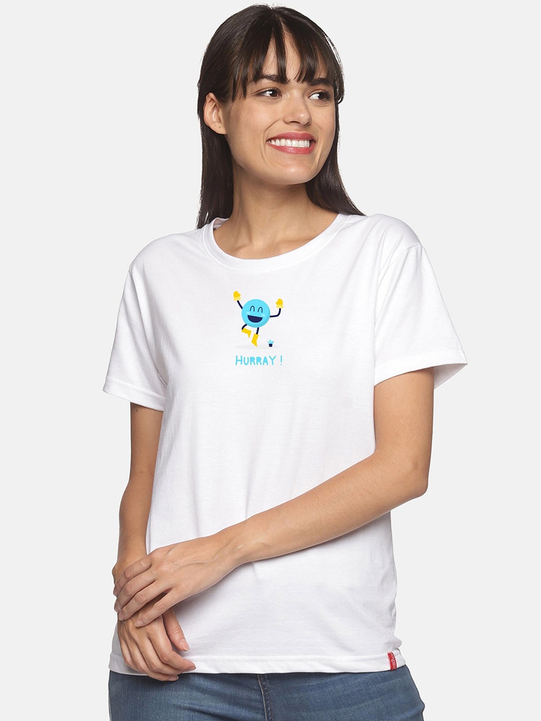 

NOT YET by us Women White Printed Drop-Shoulder Sleeves Cotton T-shirt