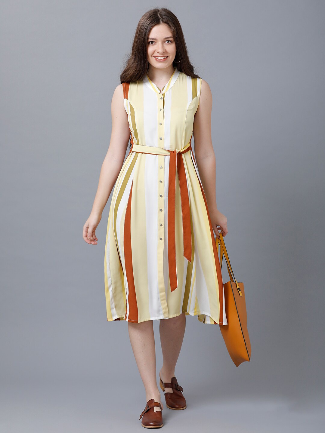 

IDENTITI Yellow & Beige Striped Crepe A-Line Midi Dress