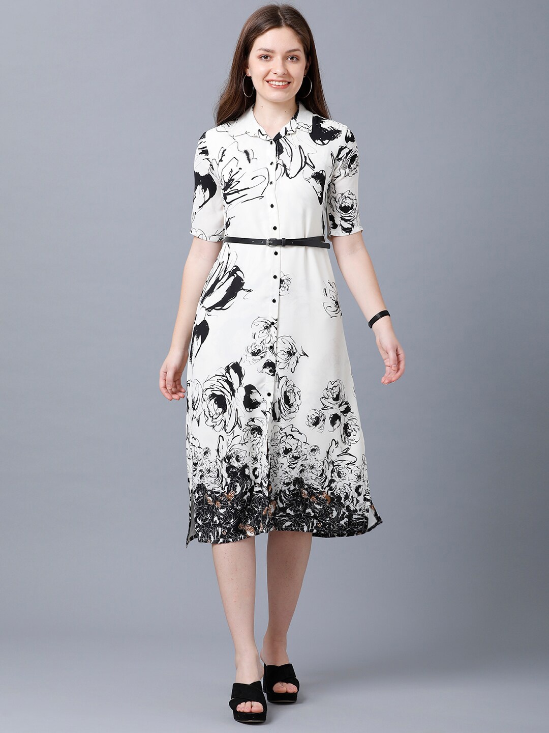 

IDENTITI Off White & Black Floral Crepe Shirt Midi Dress