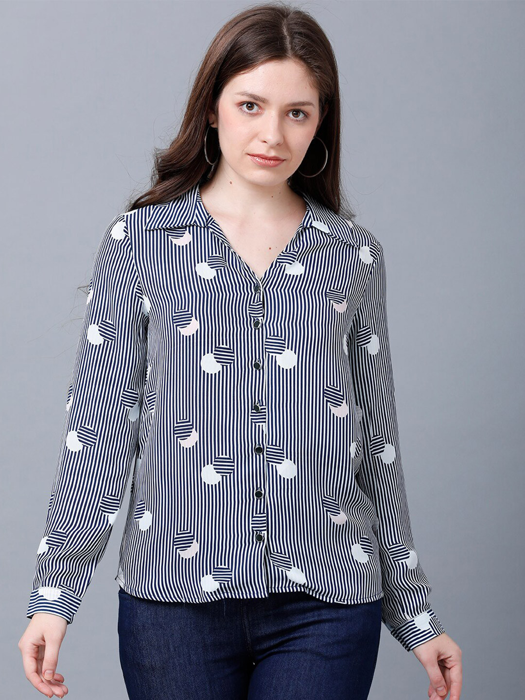 

IDENTITI Navy Blue Striped Shirt Style Top
