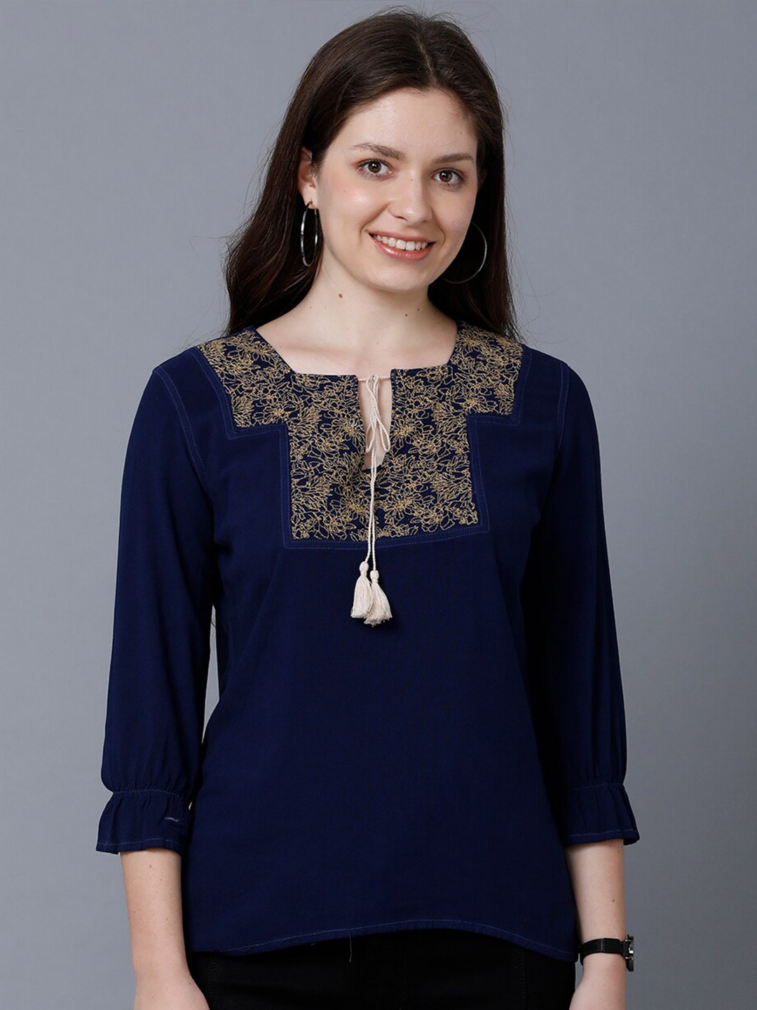 

IDENTITI Navy Blue & Gold-Toned Viscose Rayon Tie-Up Neck Tunic