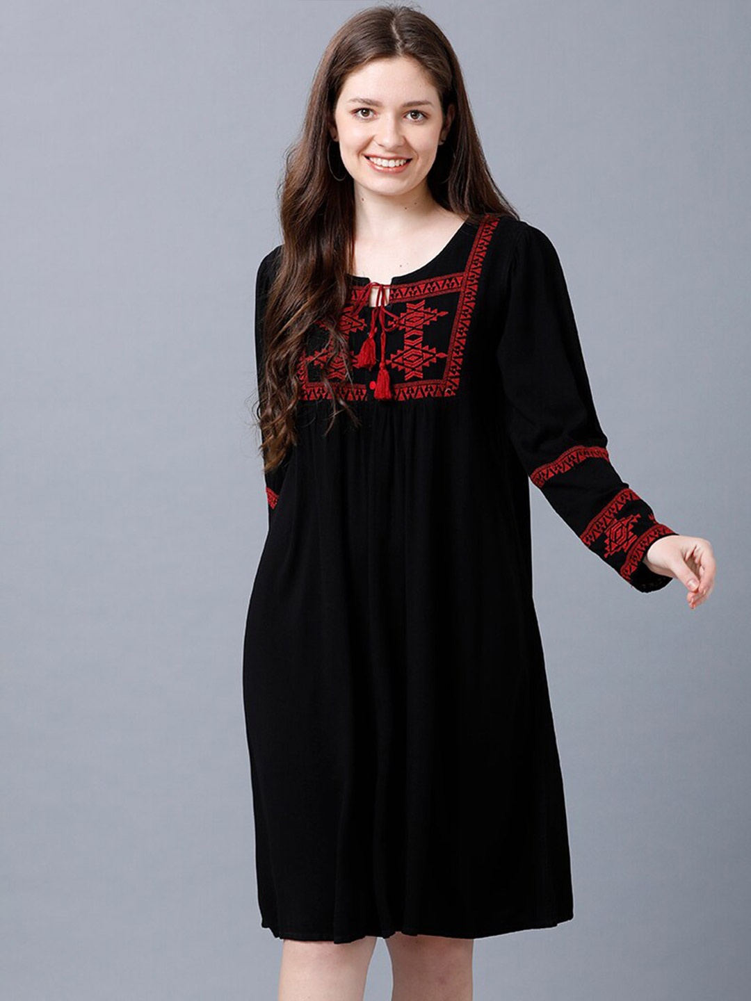 

IDENTITI Black & Red Ethnic Motifs Embroidered A-Line Dress