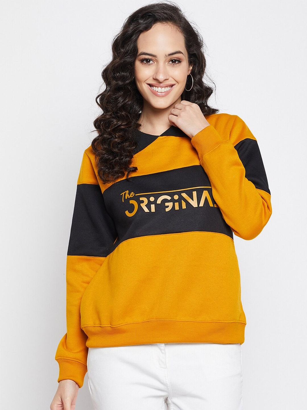 

FirstKrush Women Mustard Colourblocked Sweatshirt
