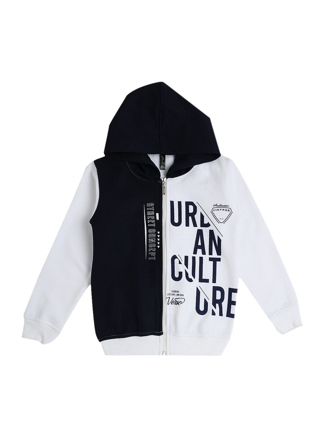 

earth conscious Boys White & Navy Blue Colourblocked Fleece Hooded Bomber Jacket