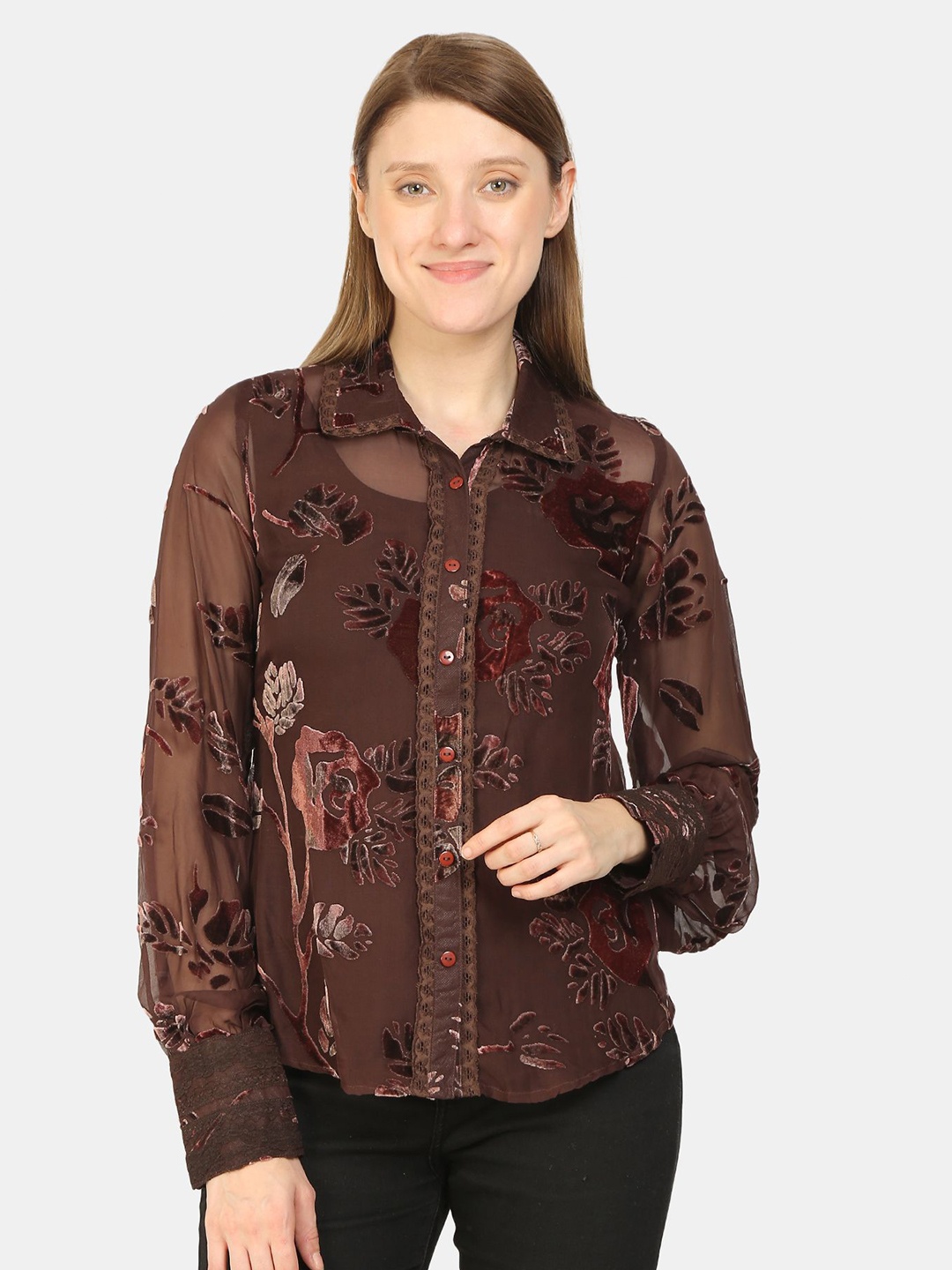 

bellamia Women Brown Slim Fit Floral Sheer Printed Casual Shirt
