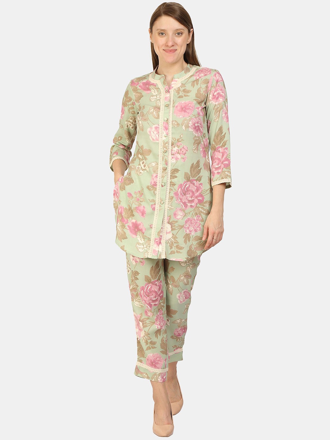 bellamia Women Mint-Green & Pink Floral Printed Co-Ord Set