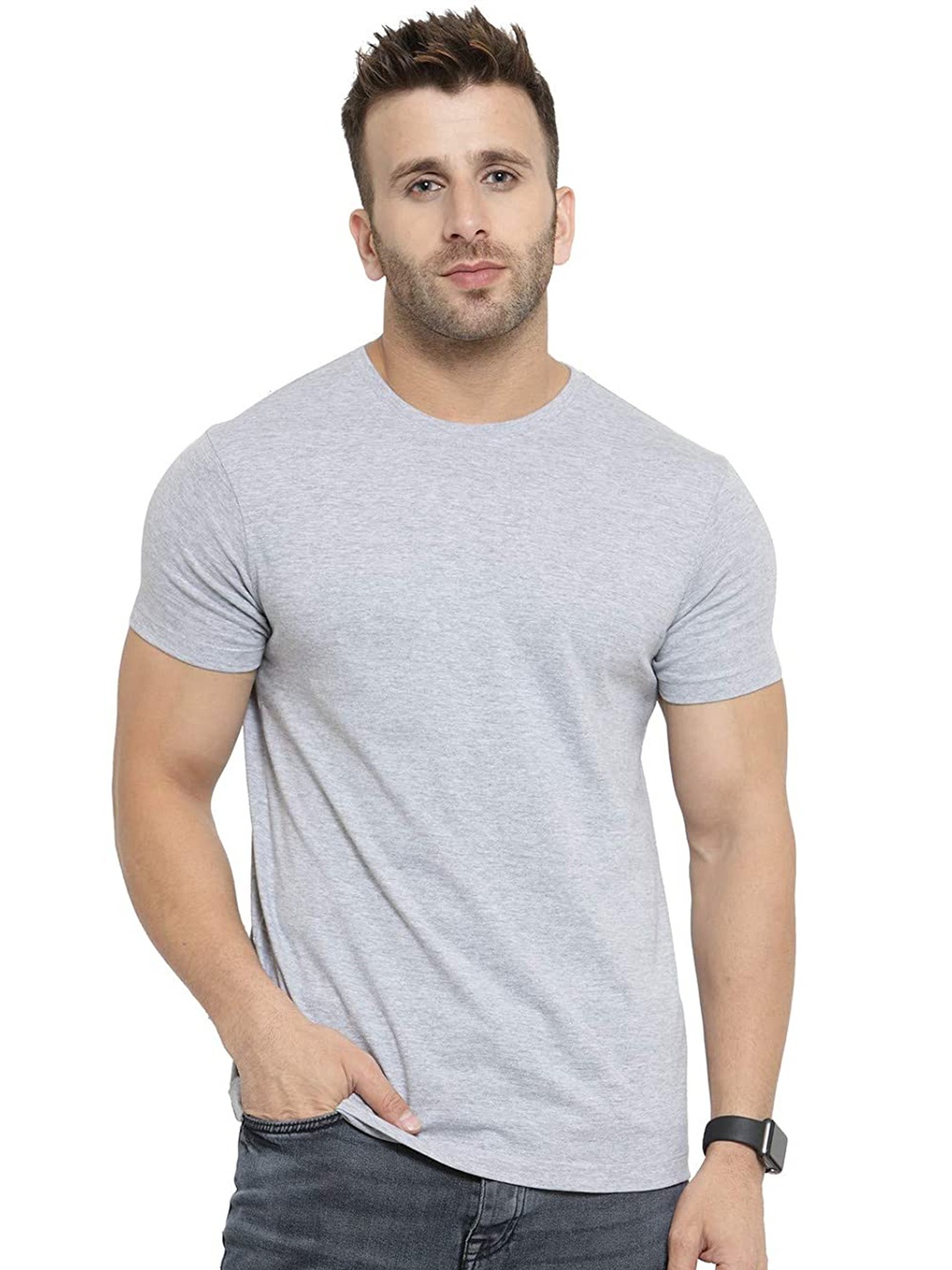 

FRENCH KLEIDER Men Grey Solid Cotton T-shirt