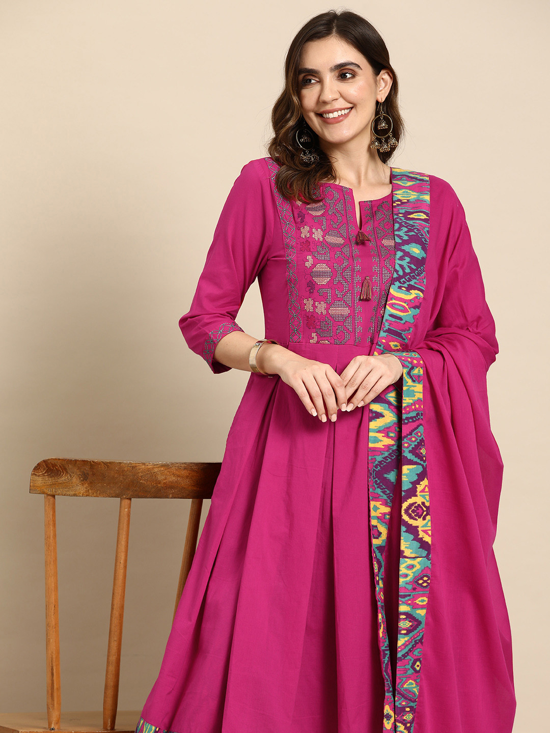 

Sangria Women Ethnic Motifs Embroidered Pure Cotton Kurta with Trousers & Dupatta, Pink