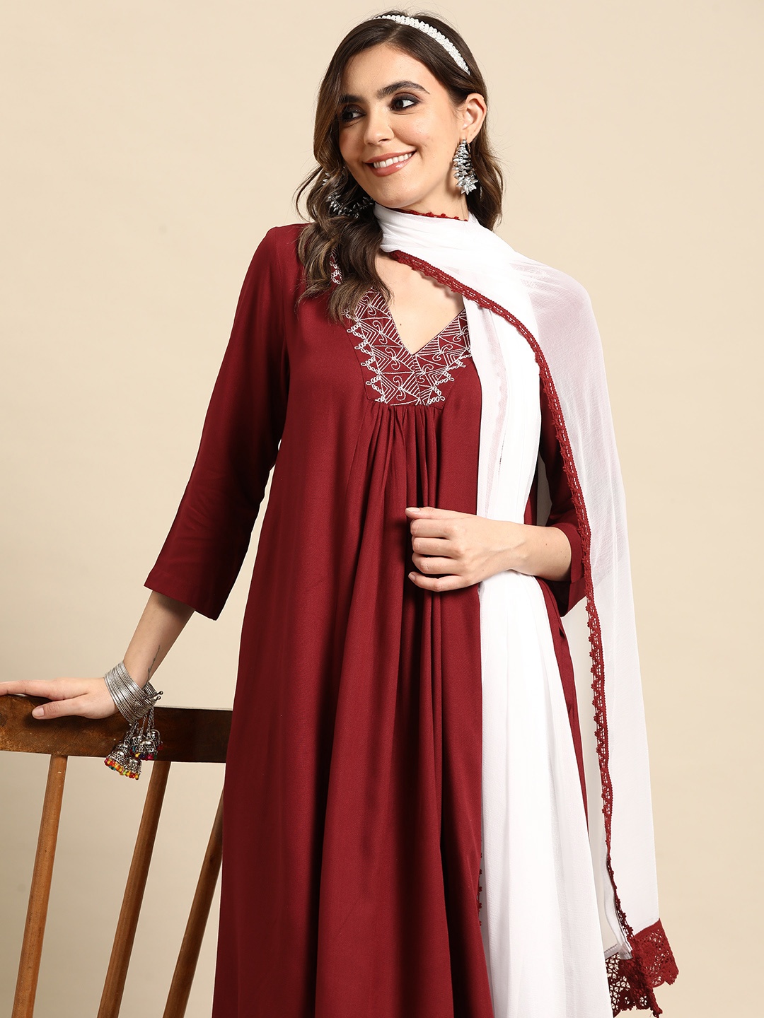 

Sangria Pleated Thread Work Kurta with Palazzos & Dupatta, Maroon