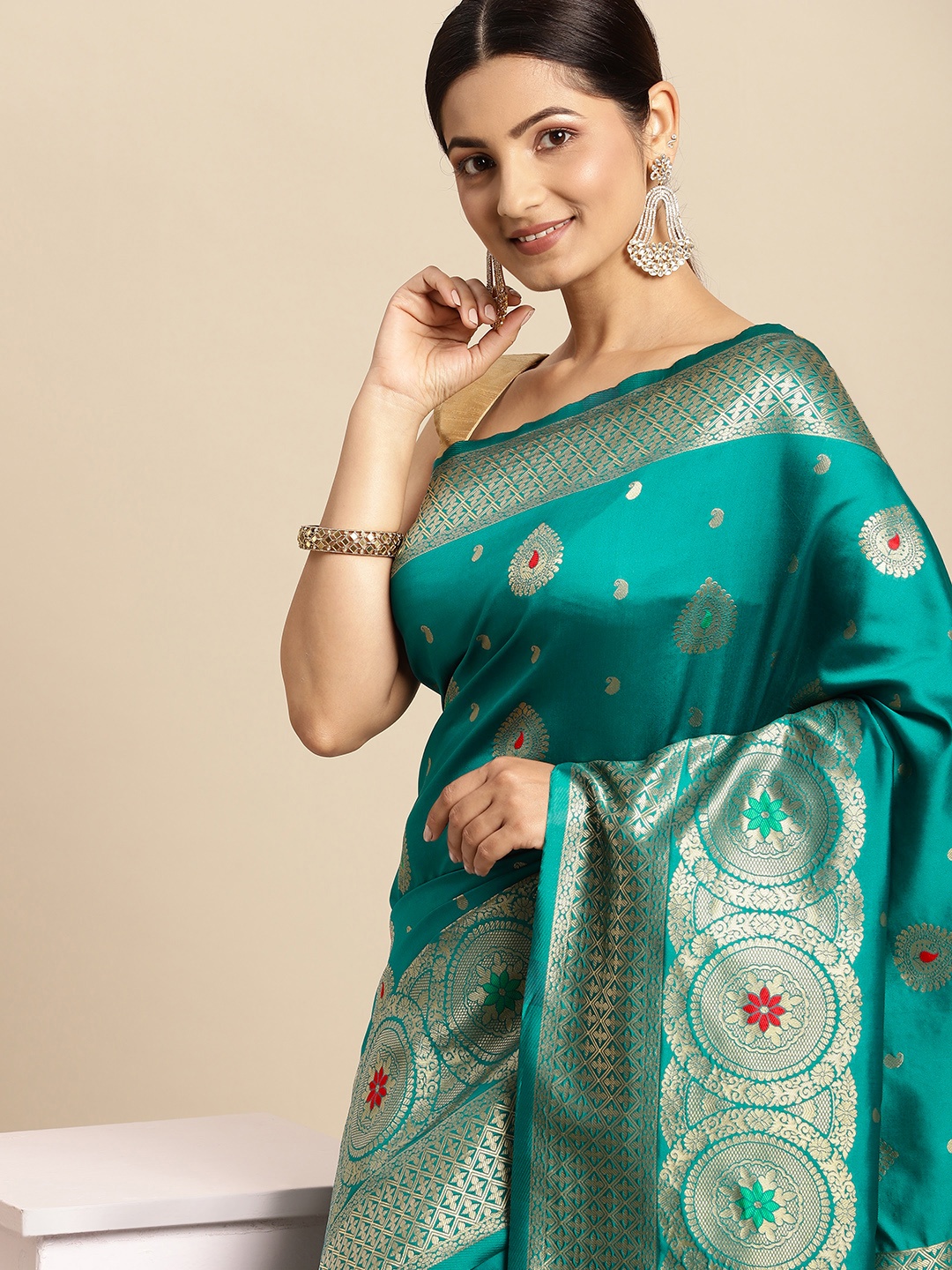 

flaher Turquoise Blue & Golden Ethnic Motifs Art Silk Kanjeevaram Saree