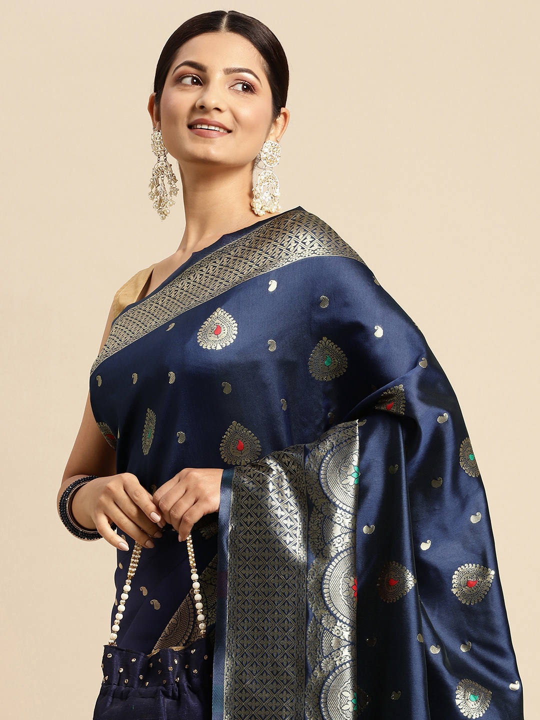

flaher Navy Blue & Golden Ethnic Motifs Art Silk Kanjeevaram Saree
