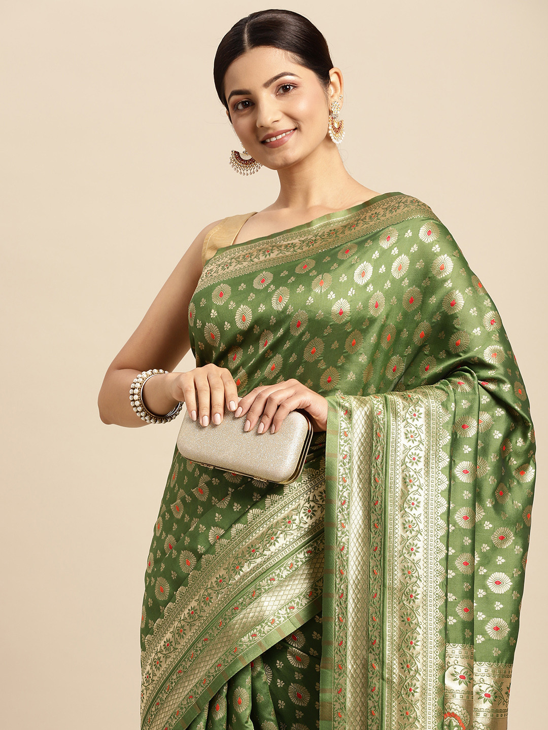 

flaher Olive Green & Golden Ethnic Motifs Art Silk Kanjeevaram Saree