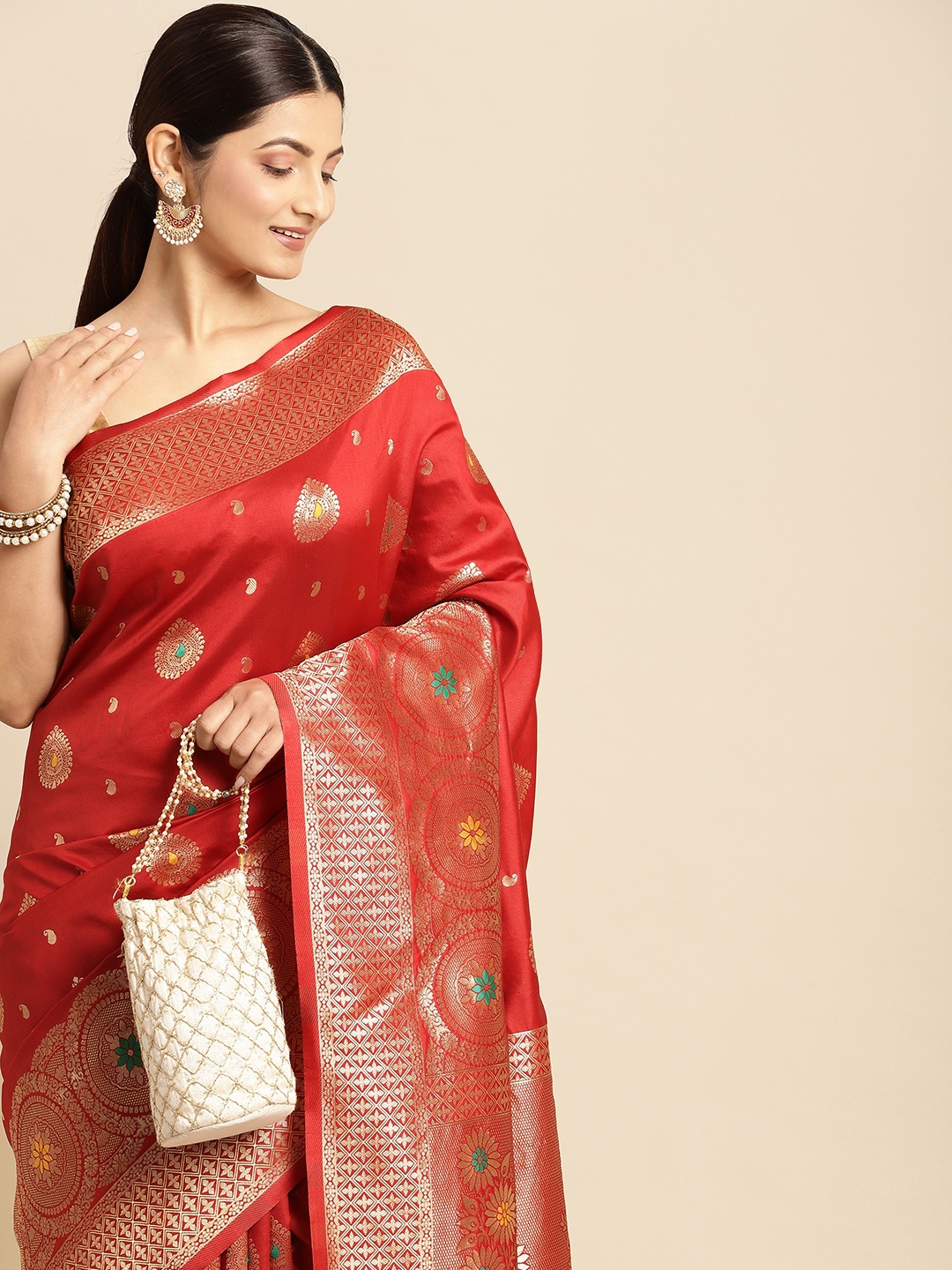 

flaher Red & Golden Ethnic Motifs Art Silk Kanjeevaram Saree