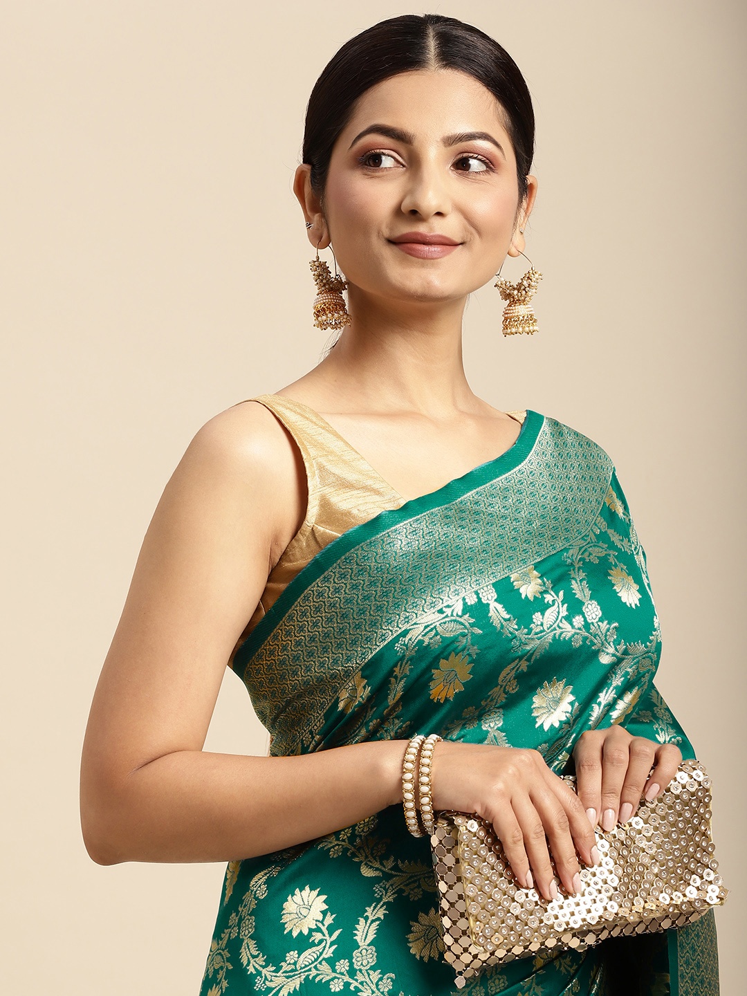

flaher Turquoise Blue & Golden Ethnic Motifs Art Silk Kanjeevaram Saree
