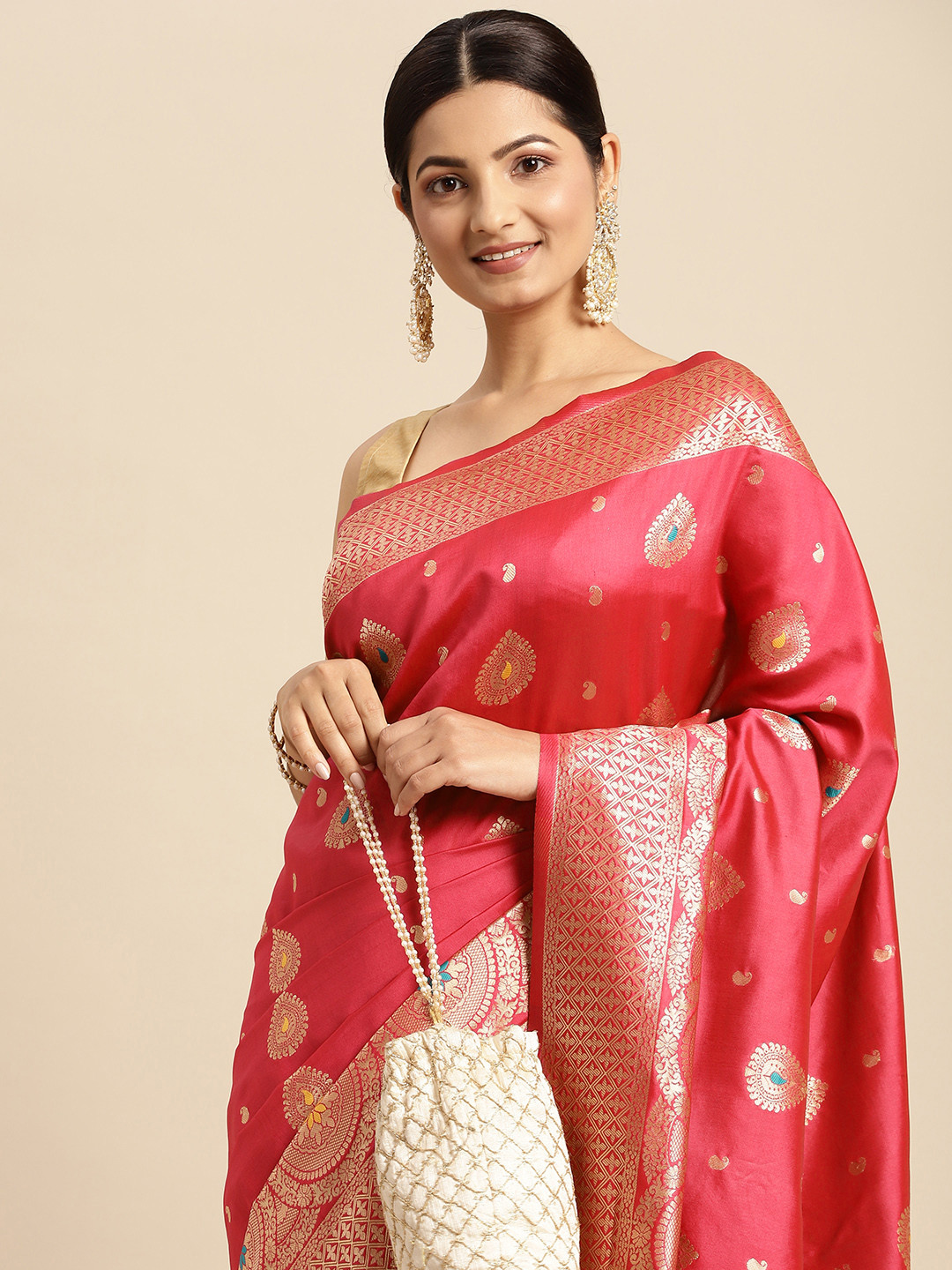 

flaher Pink & Golden Ethnic Motifs Art Silk Kanjeevaram Saree