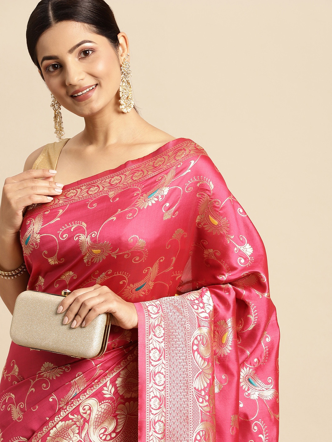 

flaher Pink & Golden Ethnic Motifs Art Silk Kanjeevaram Saree
