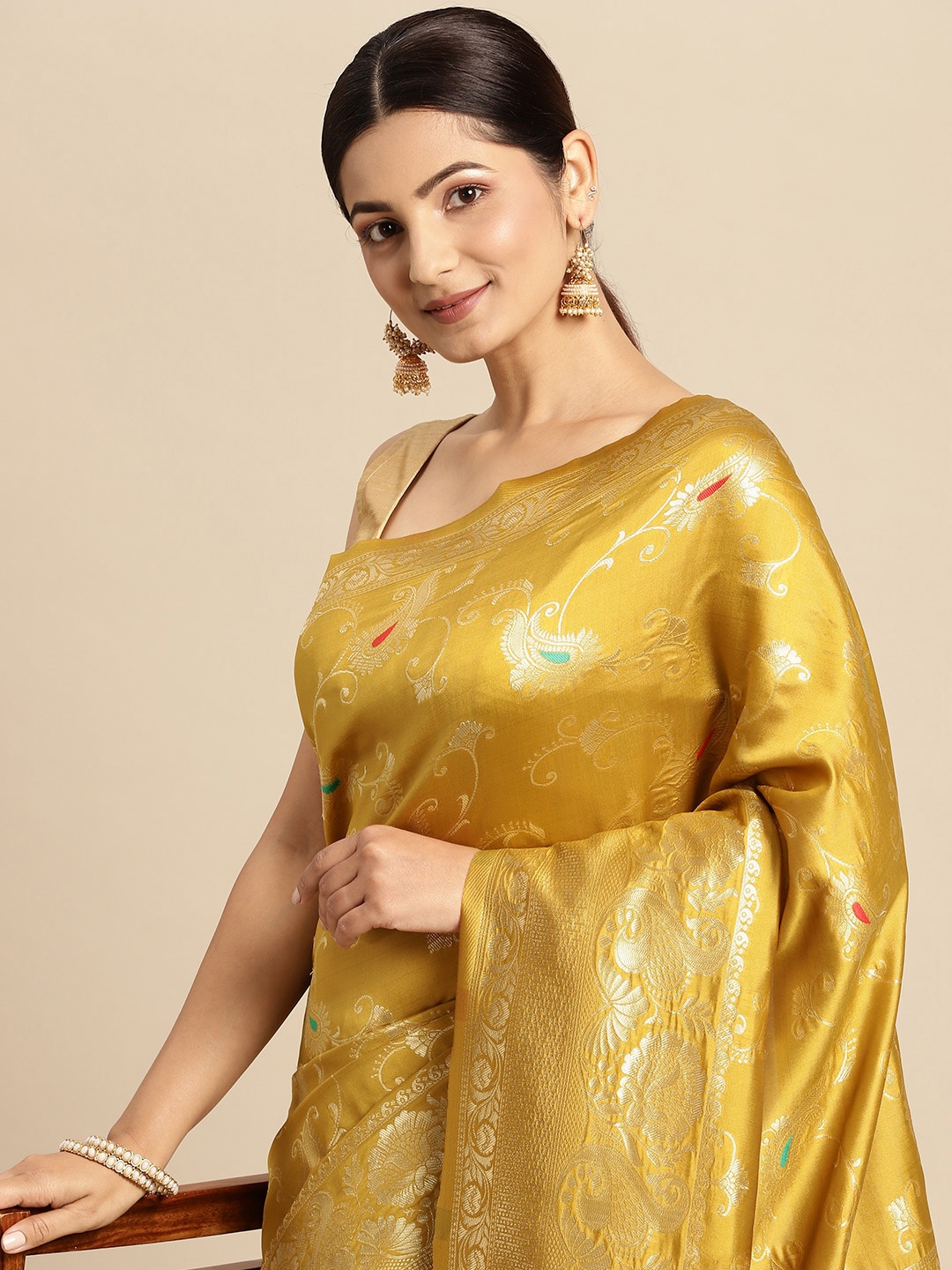 

flaher Mustard Yellow & Golden Ethnic Motifs Art Silk Kanjeevaram Saree
