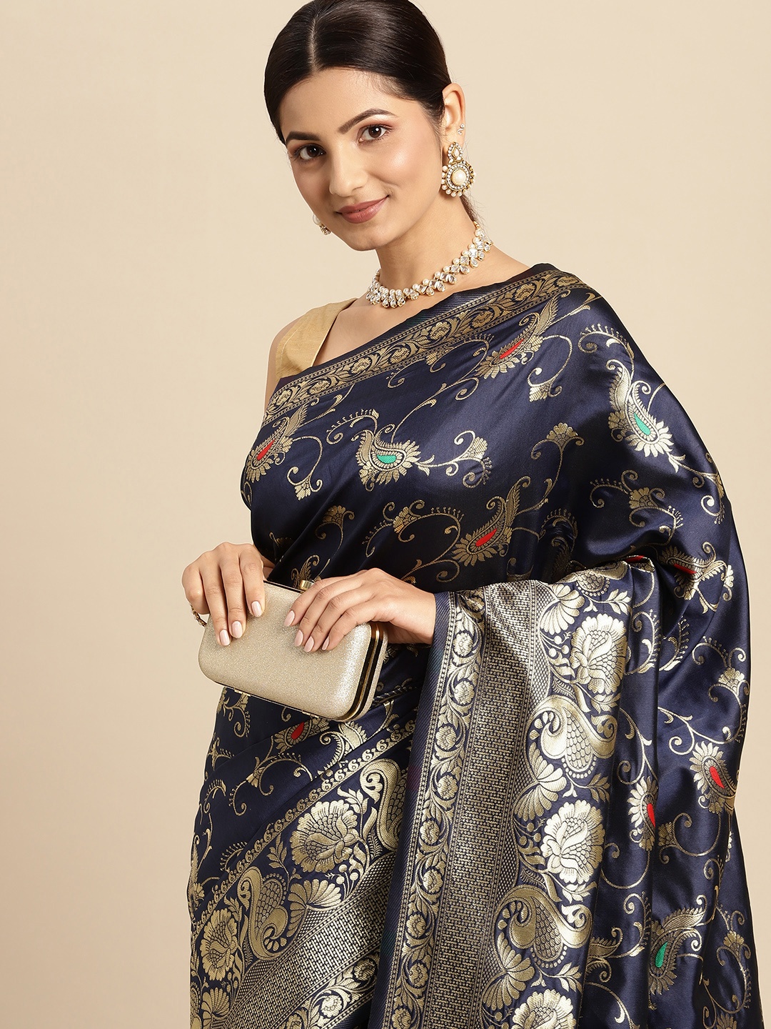 

flaher Navy Blue & Golden Ethnic Motifs Art Silk Kanjeevaram Saree