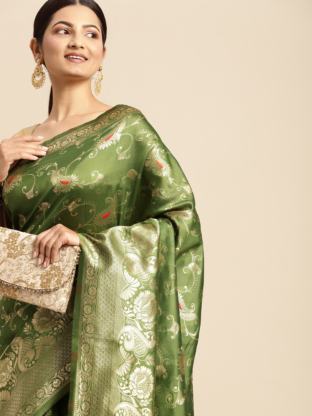 

flaher Olive Green & Golden Ethnic Motifs Art Silk Kanjeevaram Saree