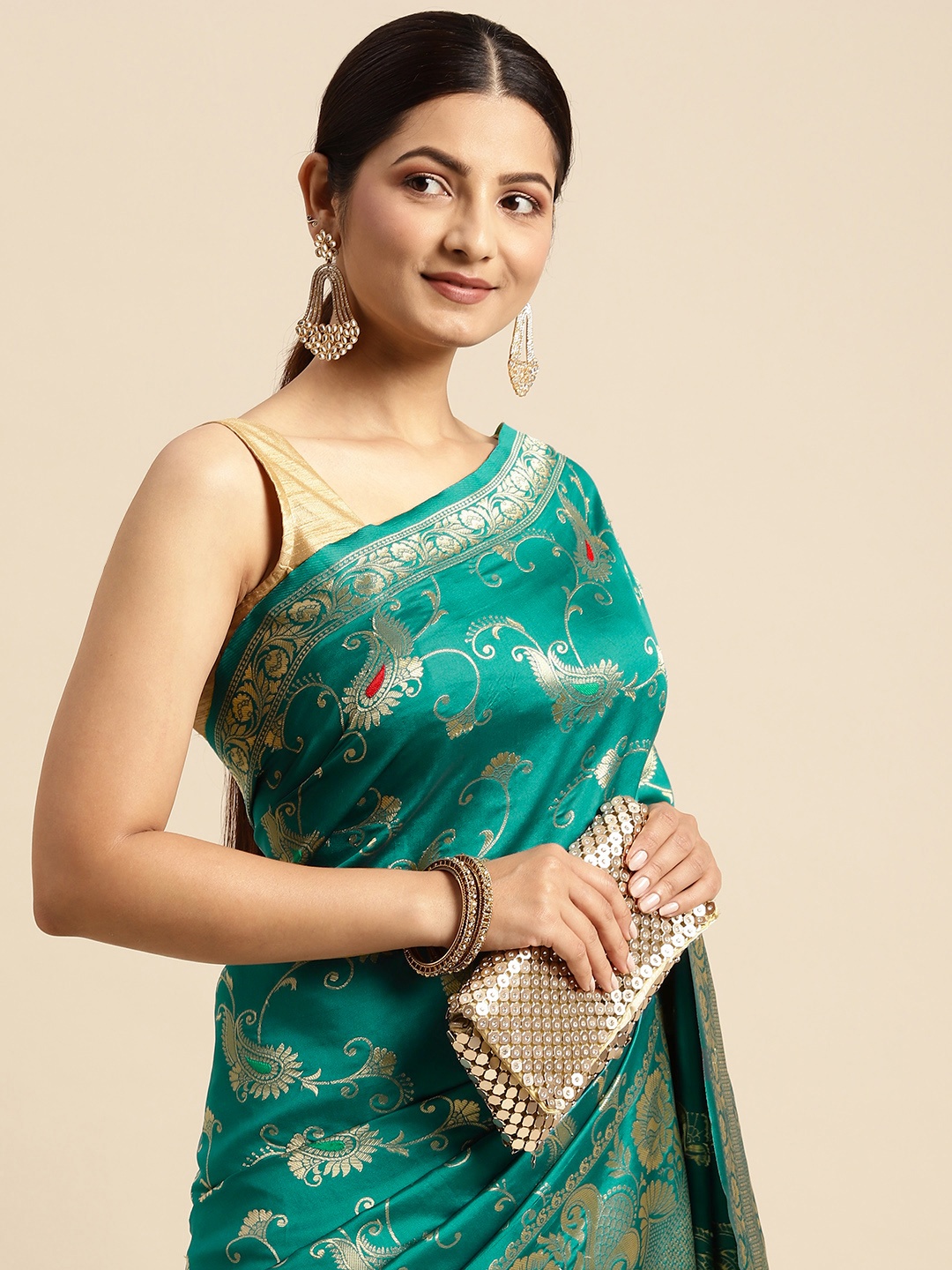 

flaher Turquoise Blue & Golden Ethnic Motifs Art Silk Kanjeevaram Saree