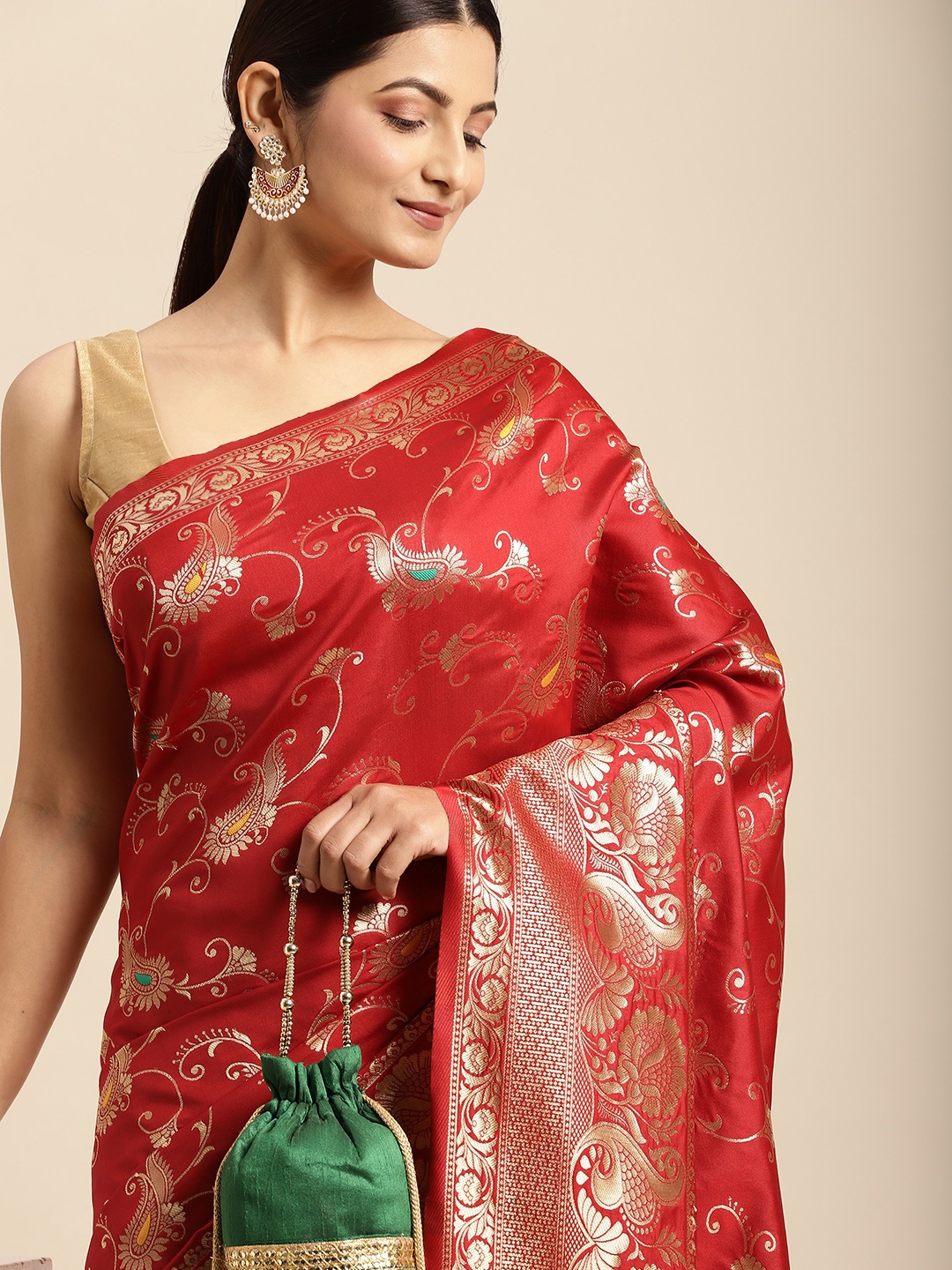 

flaher Red & Golden Ethnic Motifs Art Silk Kanjeevaram Saree