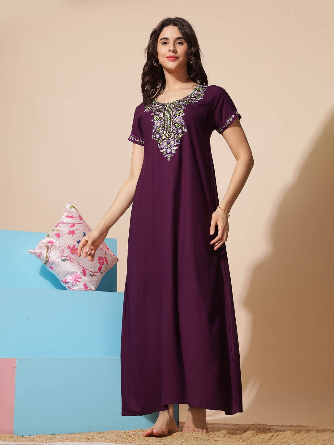 

9shines Label Purple Embroidered Maxi Nightdress