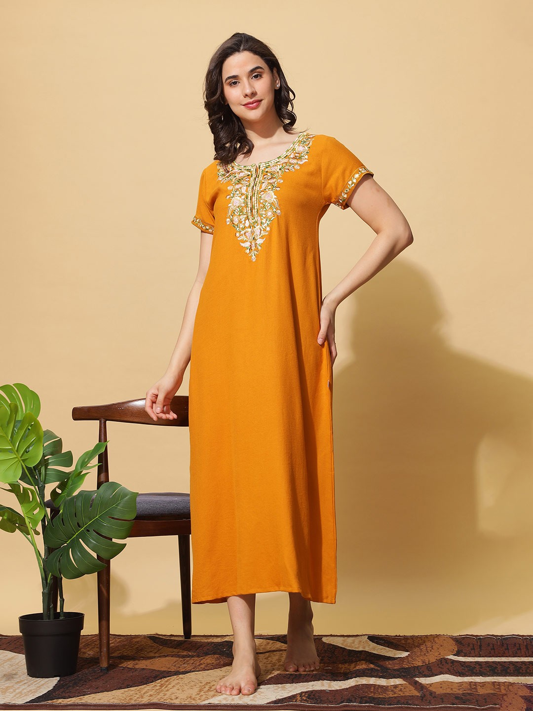 

9shines Label Mustard Yellow Embroidered Maxi Nightdress