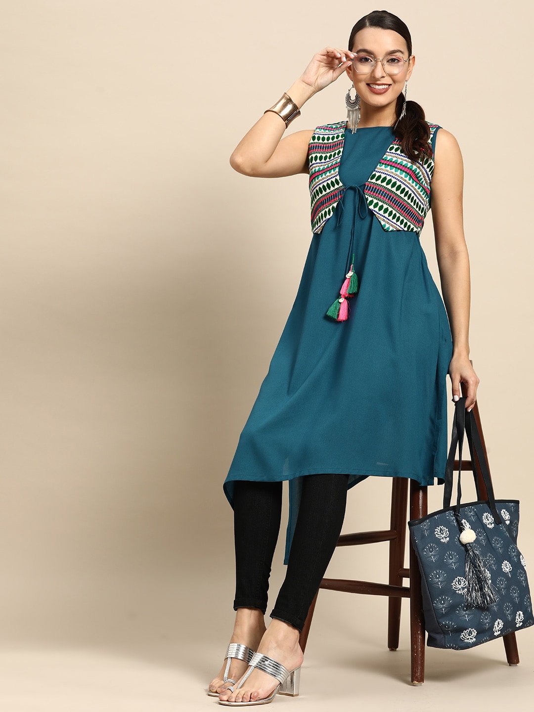 

Sangria Women A-line Kurta with Embroidered Jacket, Teal