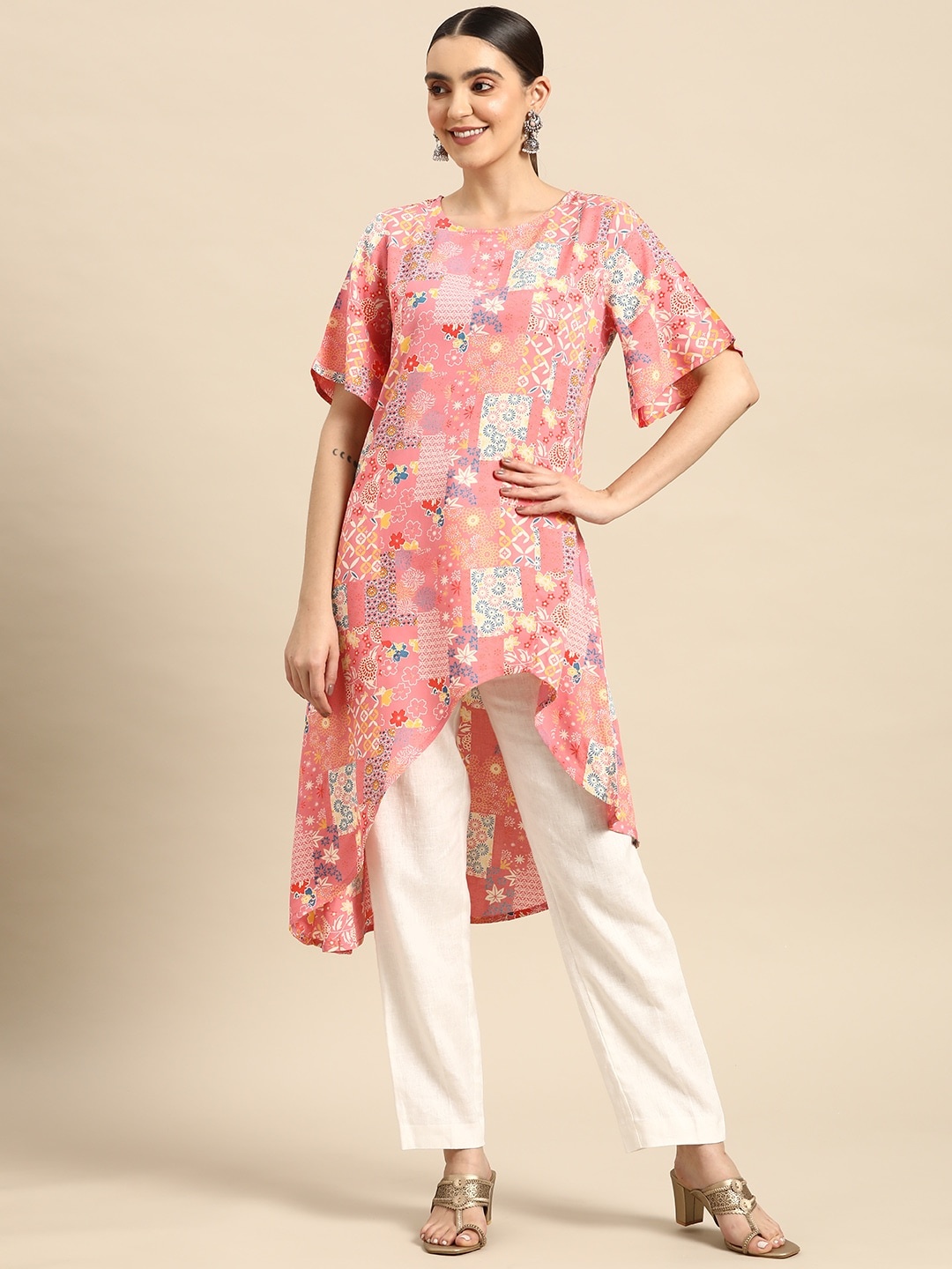 

Sangria Women Ethnic Motif Print Short High-Low Kurta, Peach