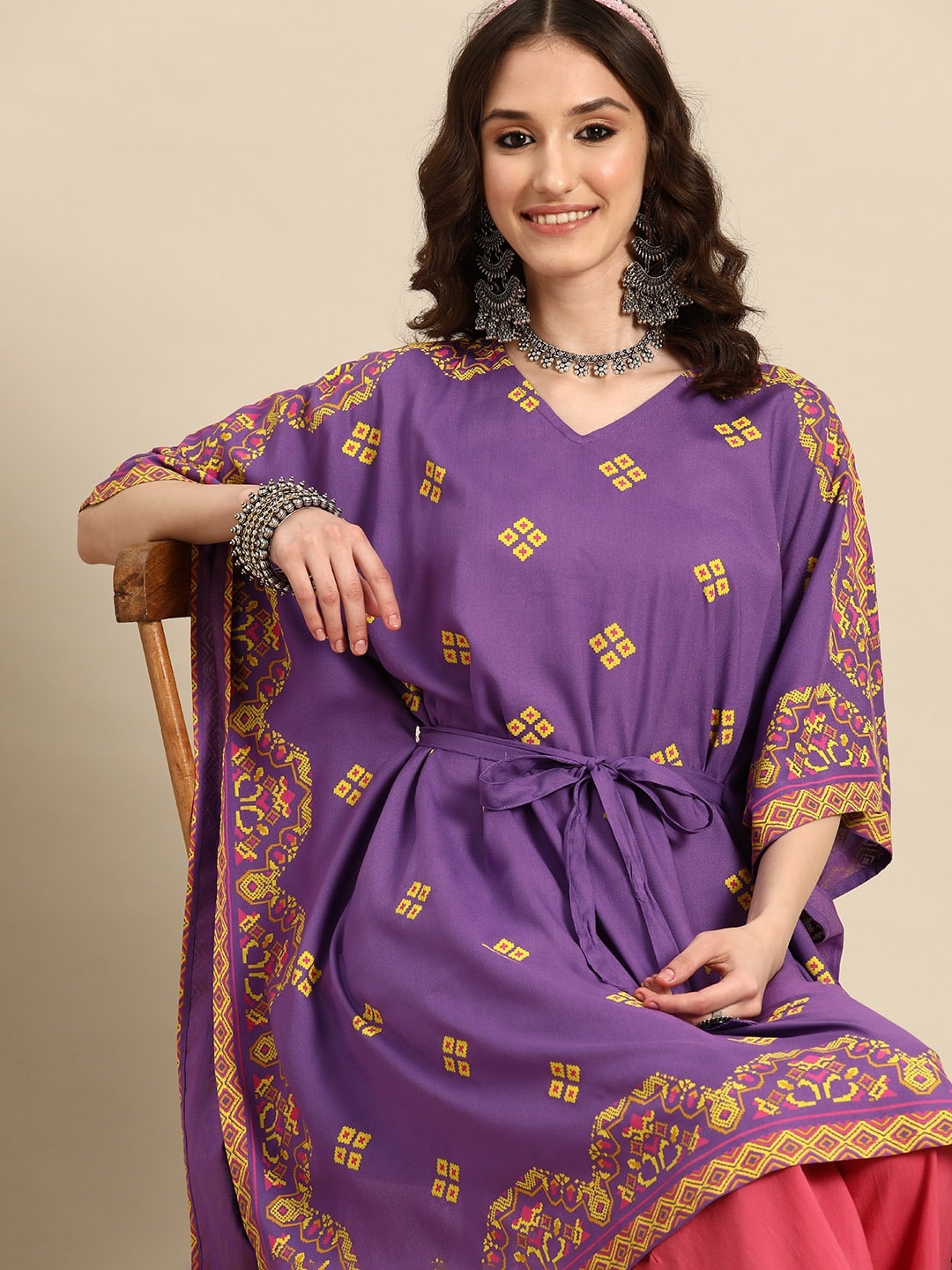 

Sangria Women Ethnic Motifs Printed Kaftan Kurta, Purple