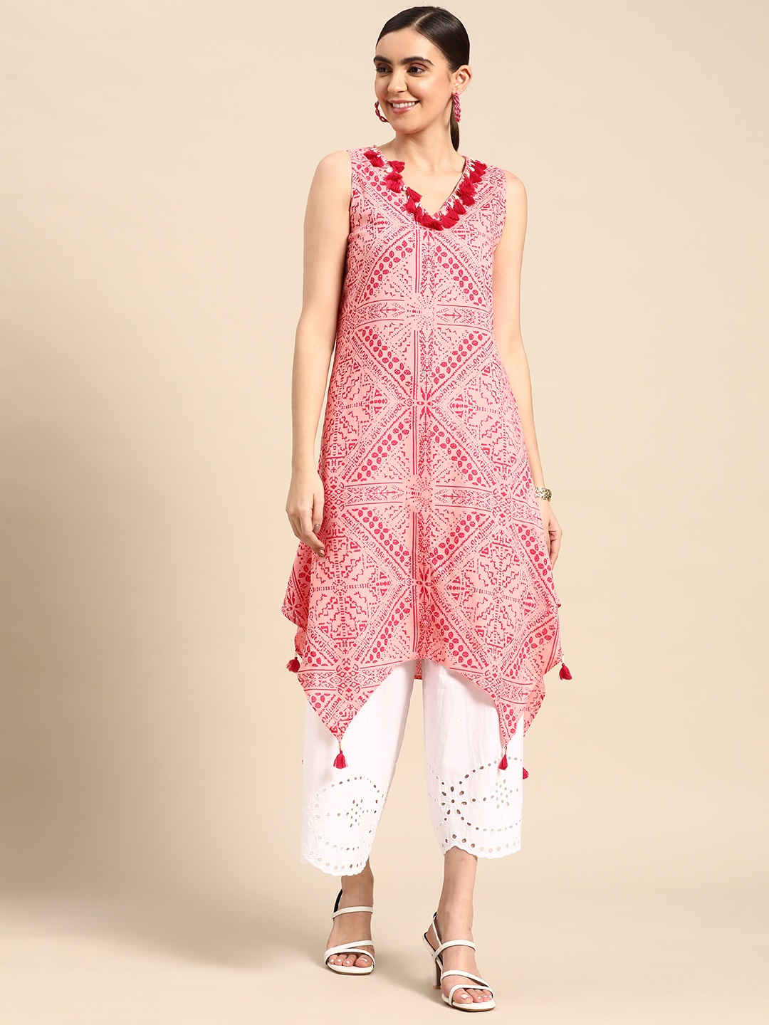 

Sangria Women Pink Ethnic Motifs Printed Kurta With Tassle Detailing