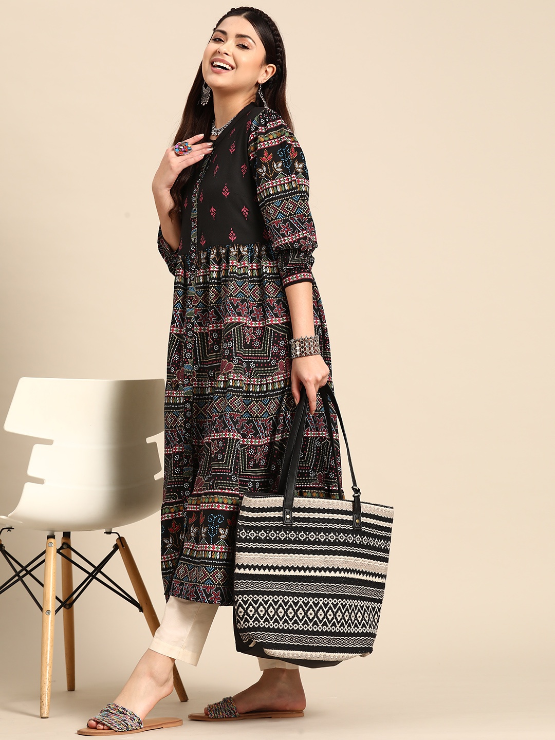

Sangria Ethnic Motifs Printed Front Slit A-line Kurta, Black