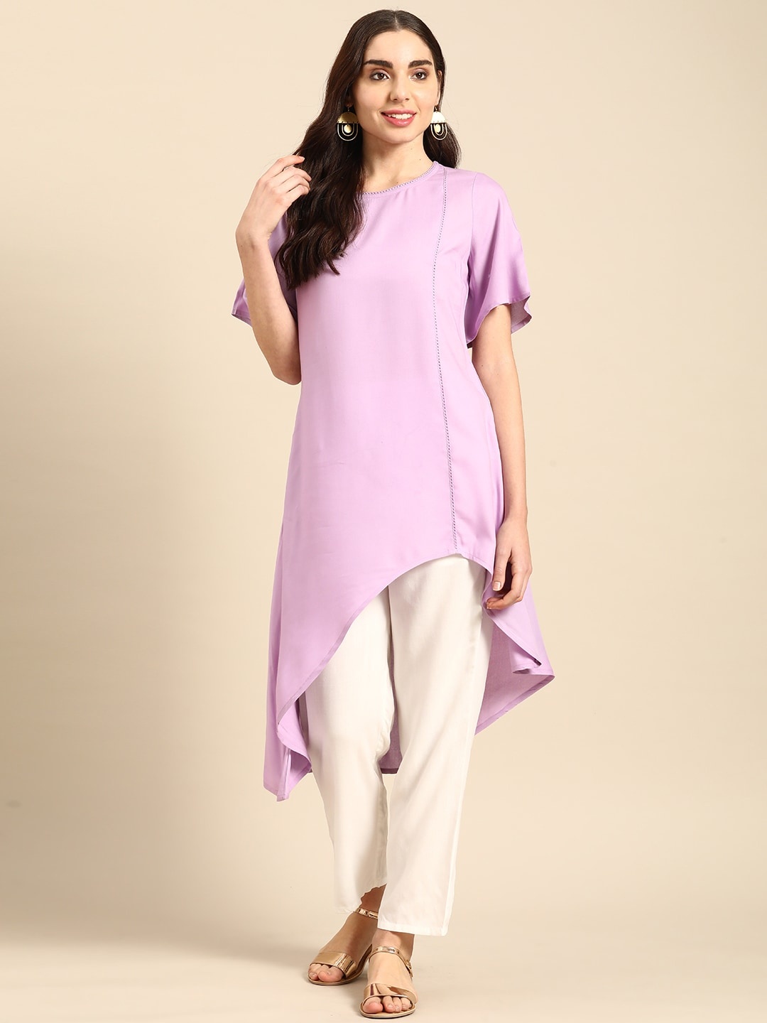 

Sangria Women Solid Lace Inserts Asymmetric Flared Hem A-Line Kurta, Lavender