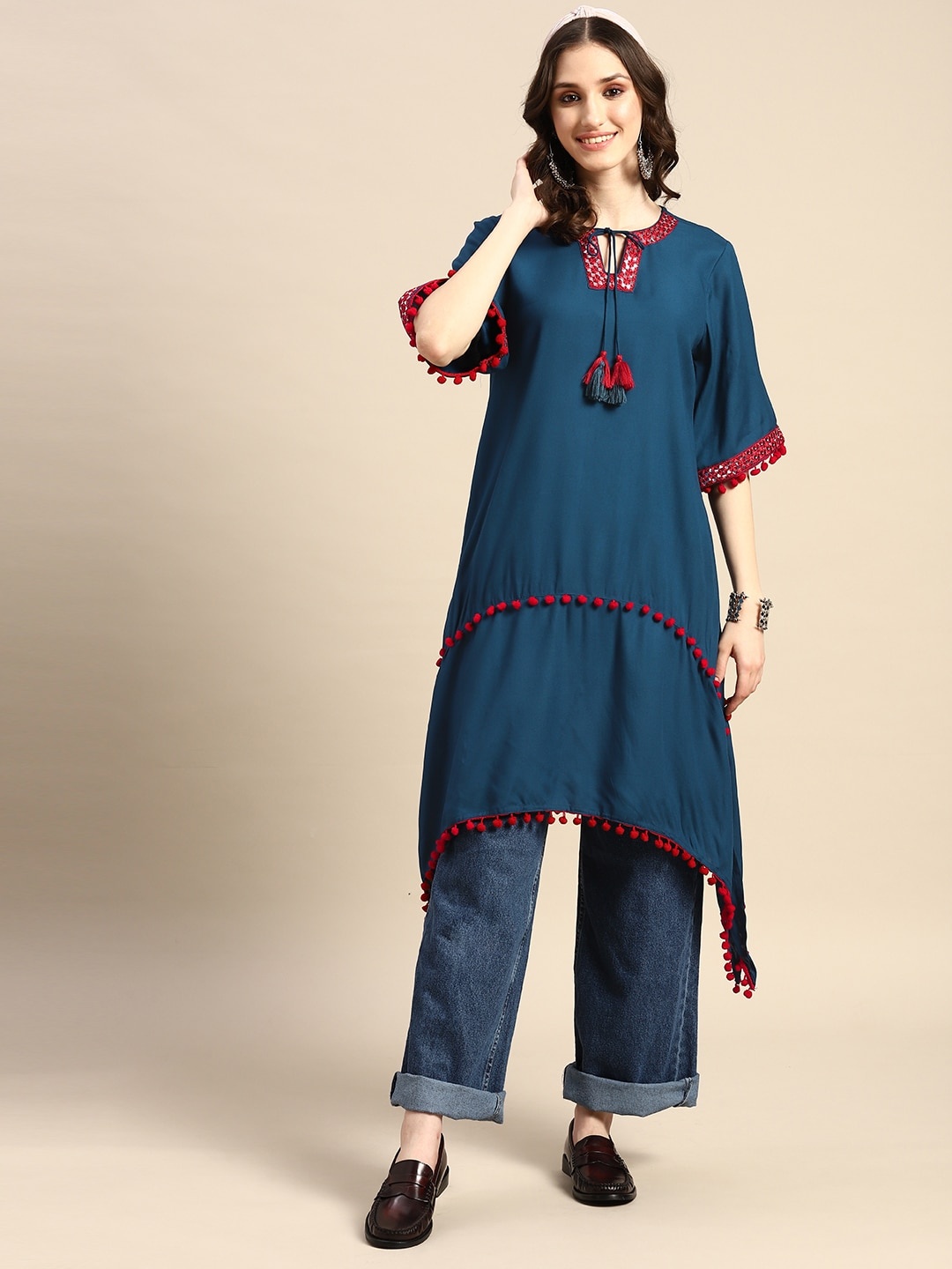 

Sangria Embroidered Dipped Hem Pom-Pom Detailed A-Line Kurta, Teal