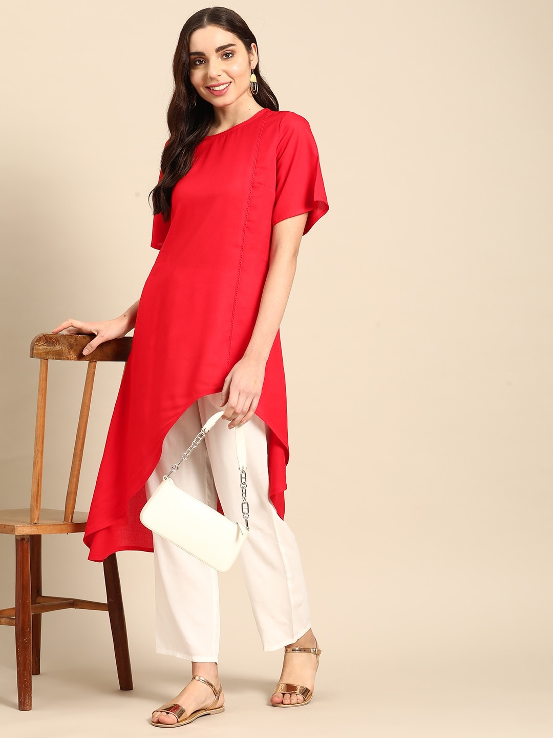 

Sangria Women Solid Lace Inserts Asymmetric Flared Hem A-Line Kurta, Red