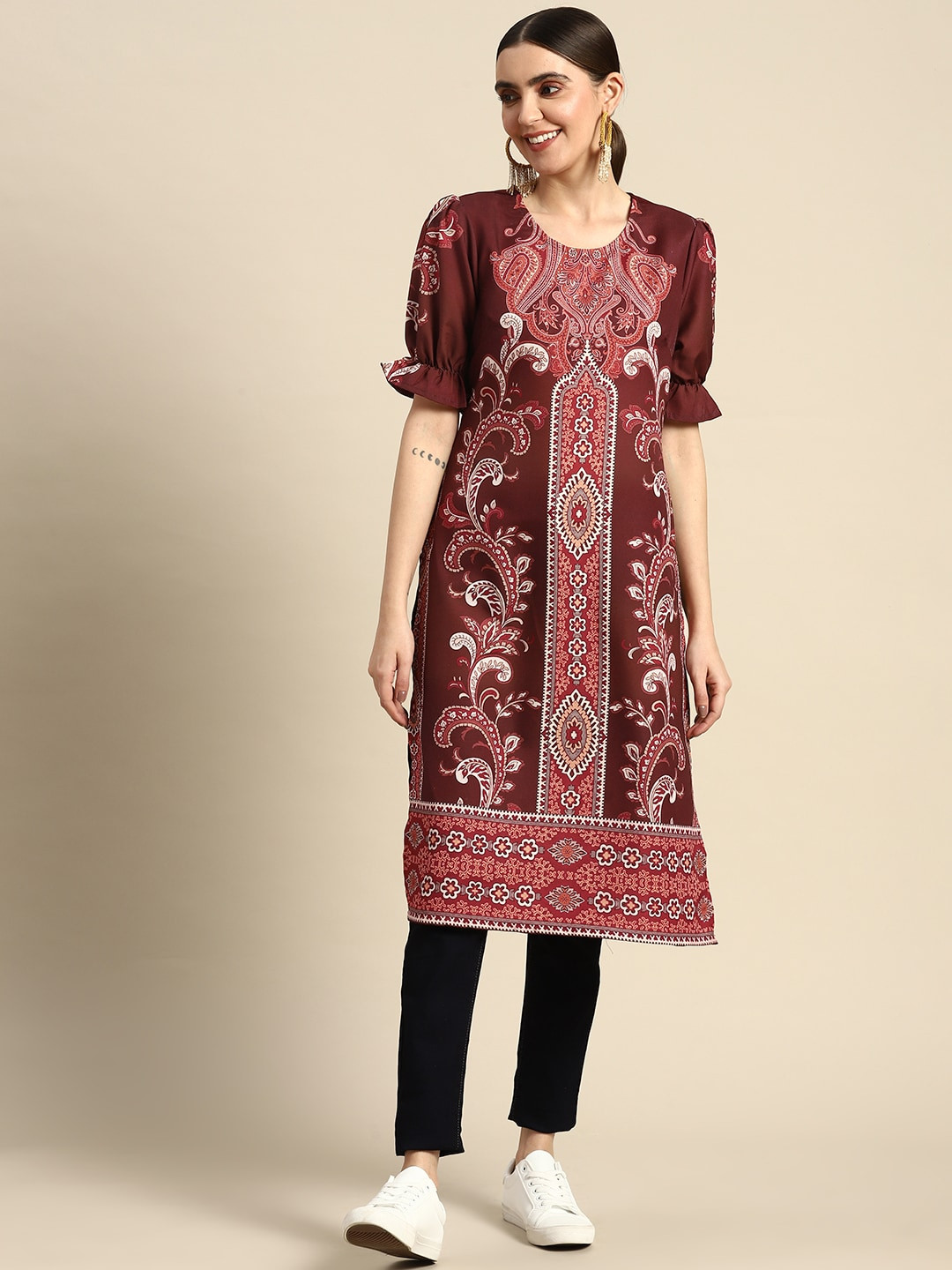 

Sangria Women Ethnic Motifs Printed Puff Sleeves Straight Kurta, Brown