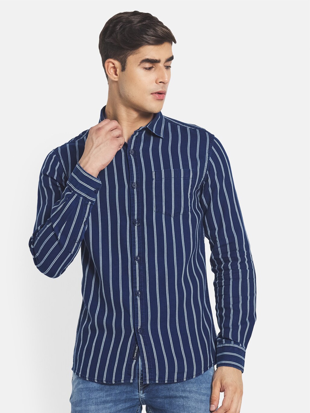 

METTLE Men Blue Striped Casual Shirt