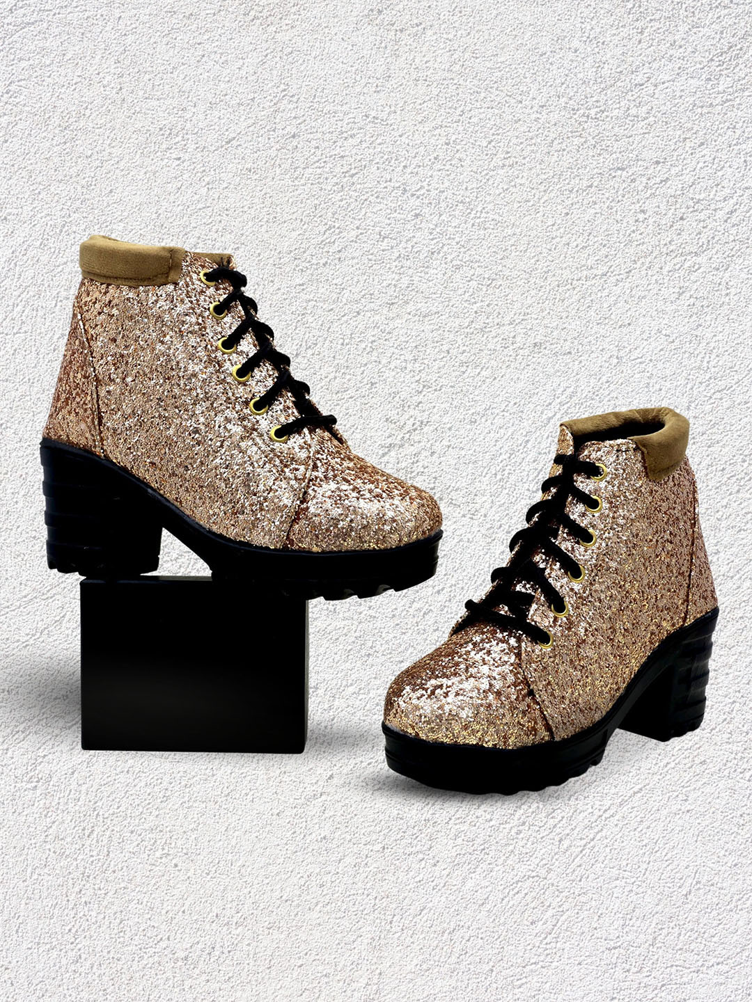 

DChica Women Gold Glittery Block-Heeled Ankle Boots
