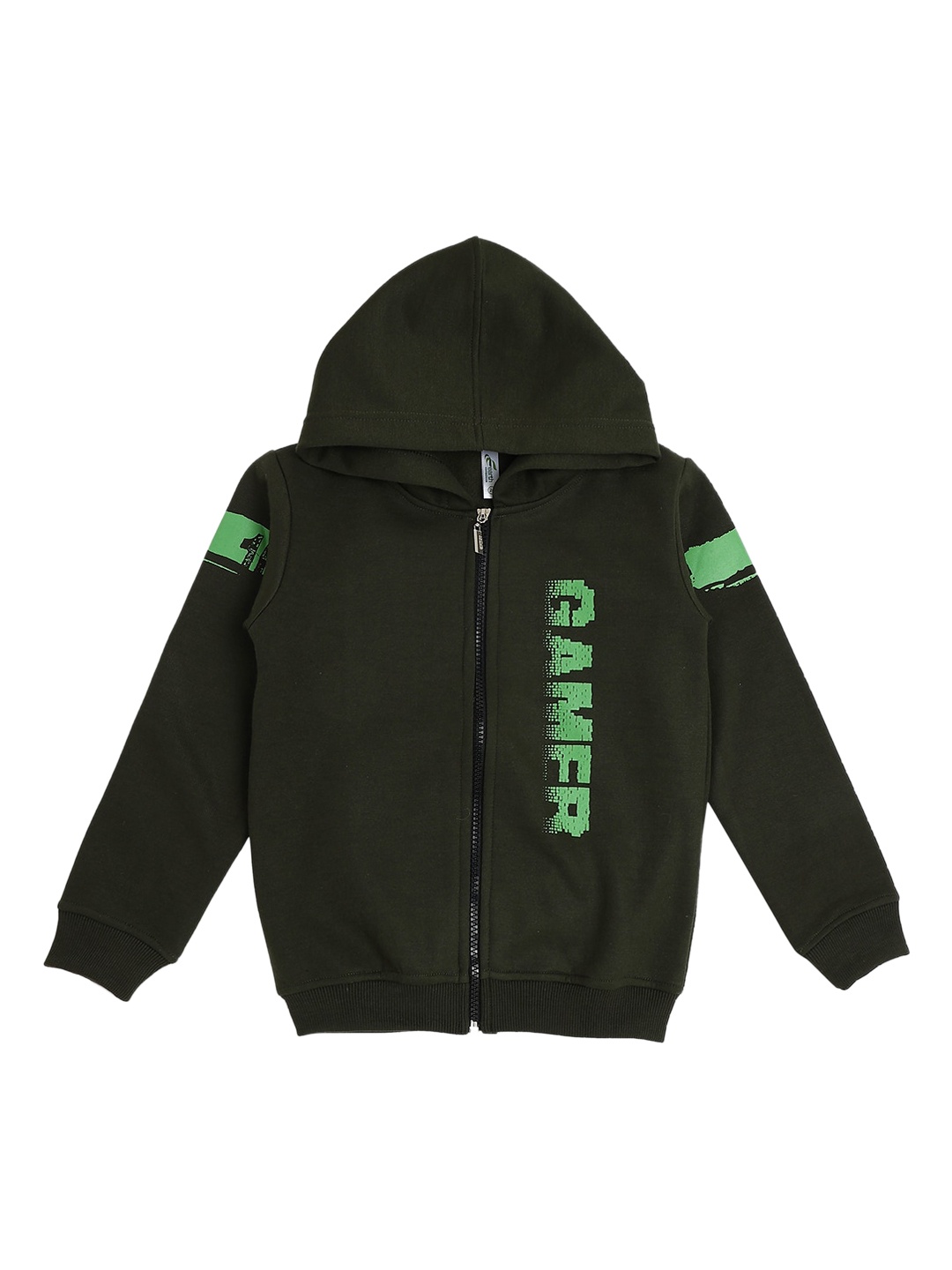 

earth conscious Boys Olive Green Typography Printed Fleece Hooded Bomber Jacket